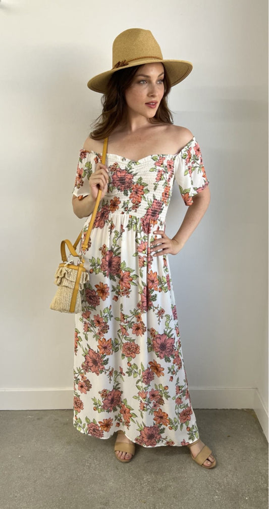 Ivory & Floral Smocked Maxi