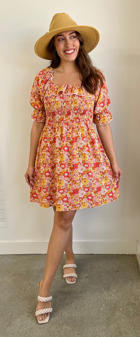 Elbow Length Sleeve Floral Print Dress