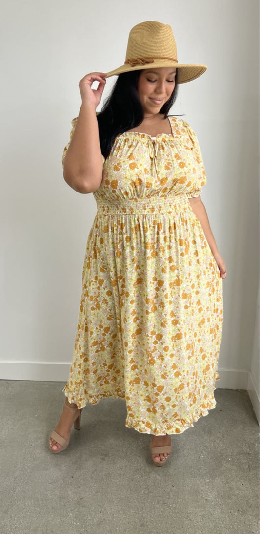Floral Print Elbow Length Sleeve Maxi Dress